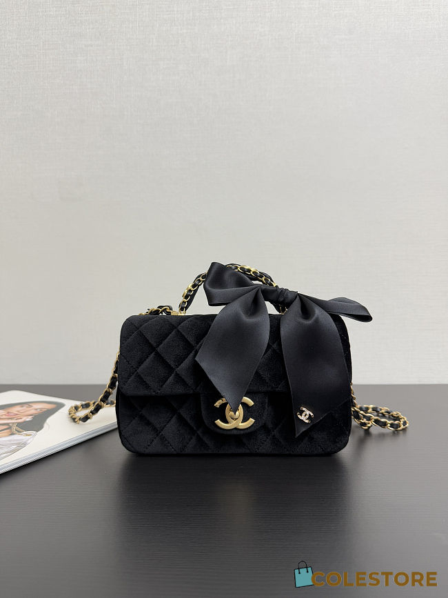 Colestore Chanel Mini Flap Bag with Handle Velvet, Silk & Gold Metallic Black  13 x 20 x 6cm - 1
