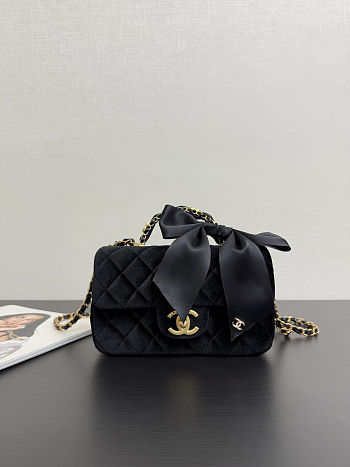Colestore Chanel Mini Flap Bag with Handle Velvet, Silk & Gold Metallic Black  13 x 20 x 6cm