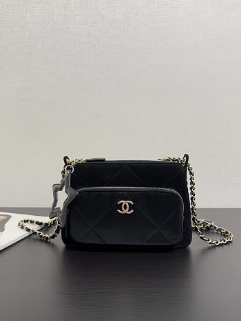 Colestore Chanel Clutch with strap Velvet Effect Nylon, Crinkled Effect Glossy Calfskin & Gold Metallic Black 15 x 21 x 7.5cm