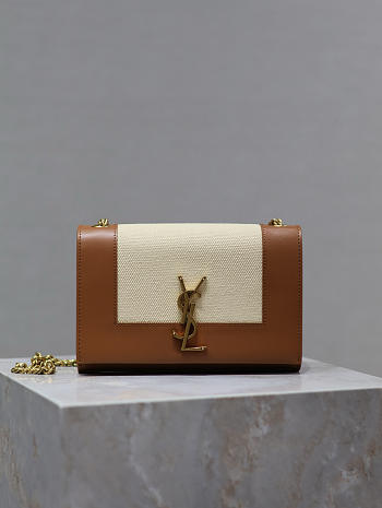 Colestore YSL Saint Laurent Small Kate Canvas Shoulder Bag In Brown And White 20x13.5x6cm