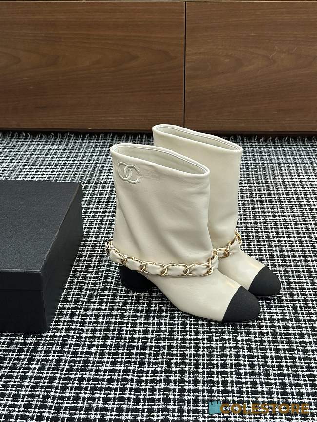 Colestore Chanel Low-Cut Boots Lambskin & Grosgrain Ivory & Black - 1