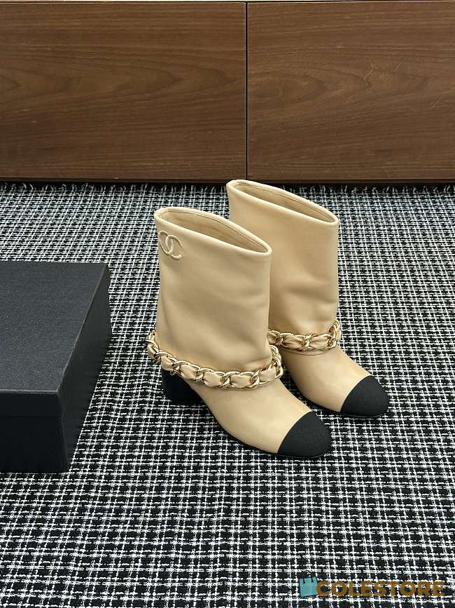 Colestore Chanel Low-Cut Boots Lambskin & Grosgrain Beige & Black - 1