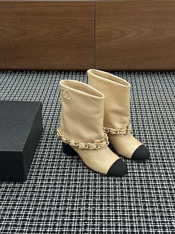 Colestore Chanel Low-Cut Boots Lambskin & Grosgrain Beige & Black