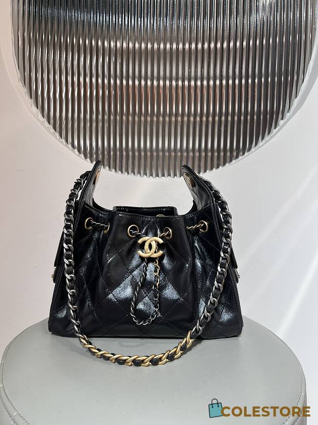 Colestore Chanel 25 Mini Handbag Crinkled Effect Glossy calfskin, Gold metallic & Ruthenium plated metallic Black 20x22x12.5cm - 1
