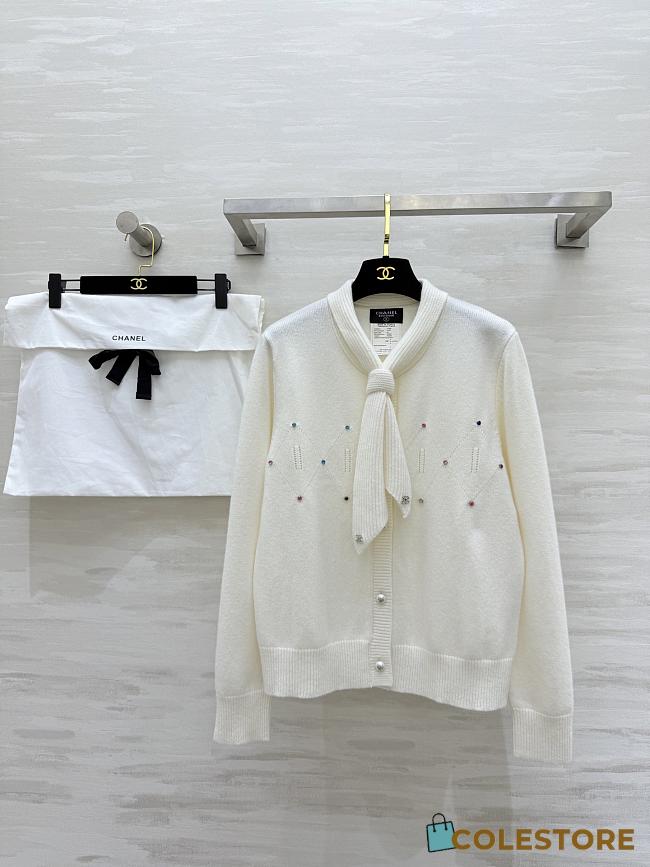 Colestore Chanel Knit Cardigan White Featuring a Bow Tie Collar and Crystal Embellishments - 1