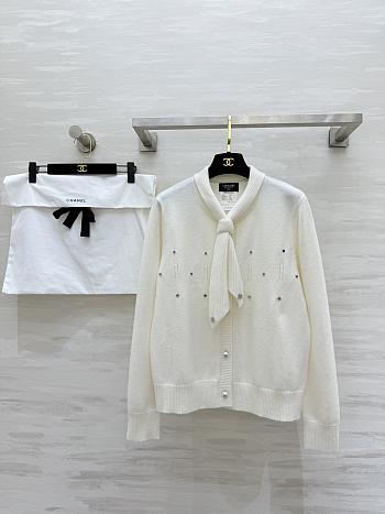 Colestore Chanel Knit Cardigan White Featuring a Bow Tie Collar and Crystal Embellishments