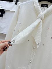 Colestore Chanel Knit Cardigan White Featuring a Bow Tie Collar and Crystal Embellishments - 6