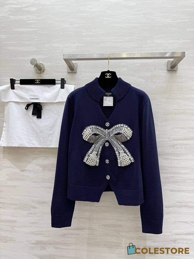 Colestore Chanel Knit Cardigan Navy Blue Featuring a Beaded Bow Accent - 1