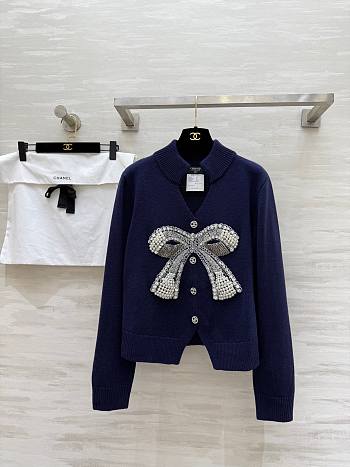 Colestore Chanel Knit Cardigan Navy Blue Featuring a Beaded Bow Accent