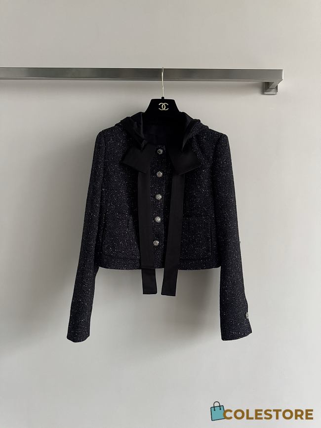 Colestore Chanel Gray-black Tweed Coat with a Hood, Featuring Bow and Jeweled Button Details - 1