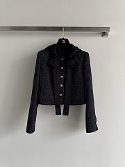 Colestore Chanel Gray-black Tweed Coat with a Hood, Featuring Bow and Jeweled Button Details - 1