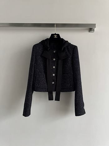 Colestore Chanel Gray-black Tweed Coat with a Hood, Featuring Bow and Jeweled Button Details