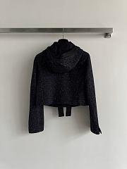 Colestore Chanel Gray-black Tweed Coat with a Hood, Featuring Bow and Jeweled Button Details - 3