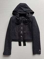 Colestore Chanel Gray-black Tweed Coat with a Hood, Featuring Bow and Jeweled Button Details - 2