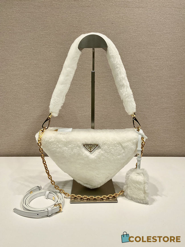 Colestore Prada Shearling Triangle Crossbody Bag in White 28x16x7cm - 1