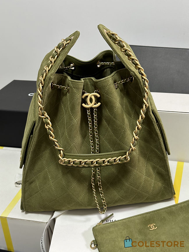 Colestore Chanel 25 Medium Handbag Suede & Gold Metal Olive Green 40x30x15cm - 1