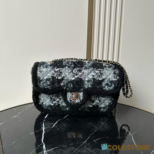 	 Colestore Chanel Large Flap Bag Tweed, Shearling Lambskin & Gold-Tone Metal  Black & Grey 26.5x19.5x9cm - 1
