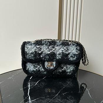	 Colestore Chanel Large Flap Bag Tweed, Shearling Lambskin & Gold-Tone Metal  Black & Grey 26.5x19.5x9cm