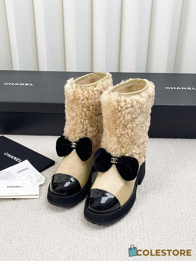 Colestore Chanel Short Boots Shearling Lambskin, Calfskin, Lambskin & Patent Calfskin  Beige & Black - 1