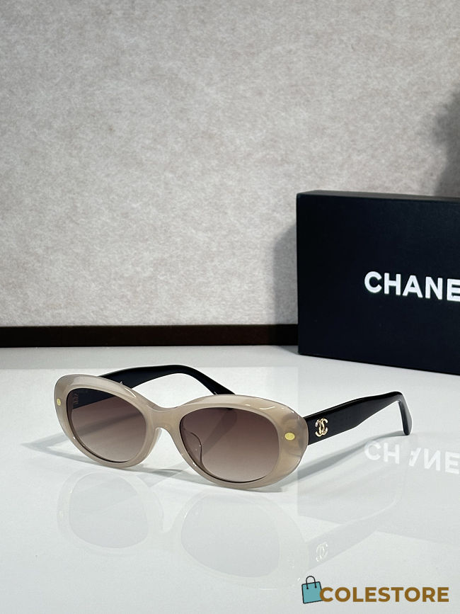 Colestore Chanel Oval Sunglasses Frame Acetate, Gold & Black Lenses Light Brown, Gradient - 1