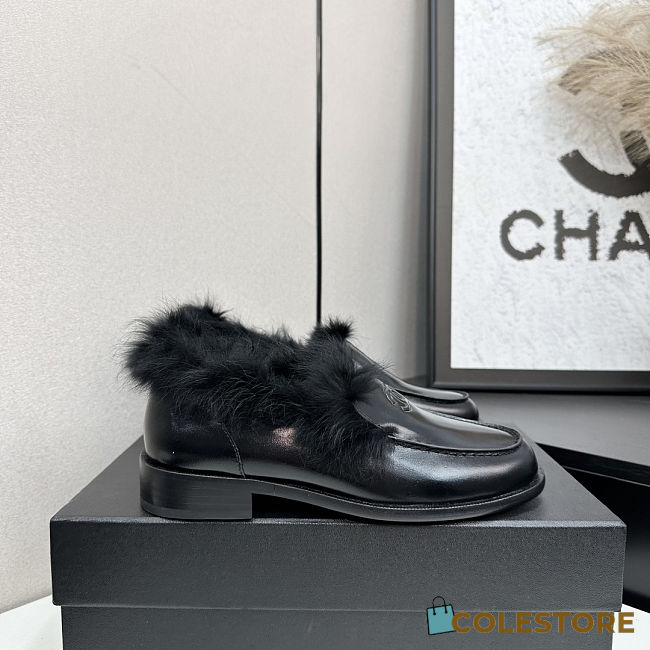 Colestore Chanel Moccasins   Shiny Crumpled Lambskin & Shearling Lambskin  Black - 1