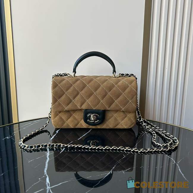 Colestore Chanel Classic Flap Bag in Brown Quilted Suede with Leather Top Handle 20x12x7cm - 1