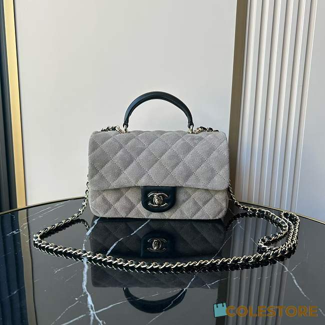 Colestore Chanel Classic Flap Bag in Grey Quilted Suede with Leather Top Handle 20x12x7cm - 1