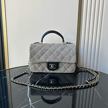 Colestore Chanel Classic Flap Bag in Grey Quilted Suede with Leather Top Handle 20x12x7cm