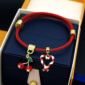 Colestore Louis Vuitton Bracelet with A Red Strap and Cherry and Candy-Cane Charms