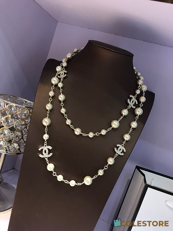 Colestore Chanel CC Pearl Silver Hardware Long Necklace with Crystals - 1