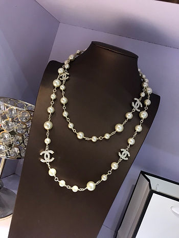 Colestore Chanel CC Pearl Silver Hardware Long Necklace with Crystals