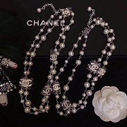 Colestore Chanel CC Pearl Silver Hardware Long Necklace with Crystals - 6