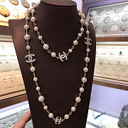 Colestore Chanel CC Pearl Silver Hardware Long Necklace with Crystals - 2