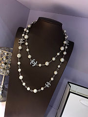Colestore Chanel CC Pearl Silver Hardware Long Necklace with Crystals - 3