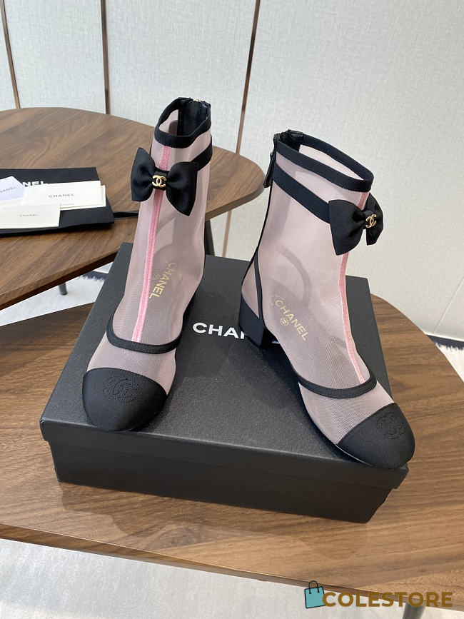 Colestore Chanel Low-Cut Boots Mesh Fabric & Synthetic Fiber Light Pink & Black - 1