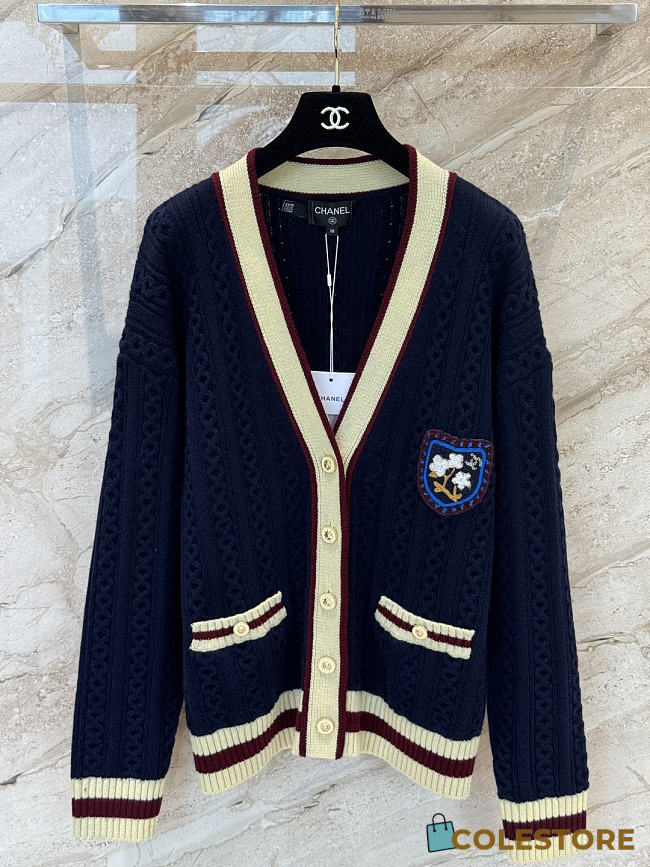 Colestore Chanel Sweater Cashmere & Cotton  Navy Blue, Light Yellow & Burgundy - 1