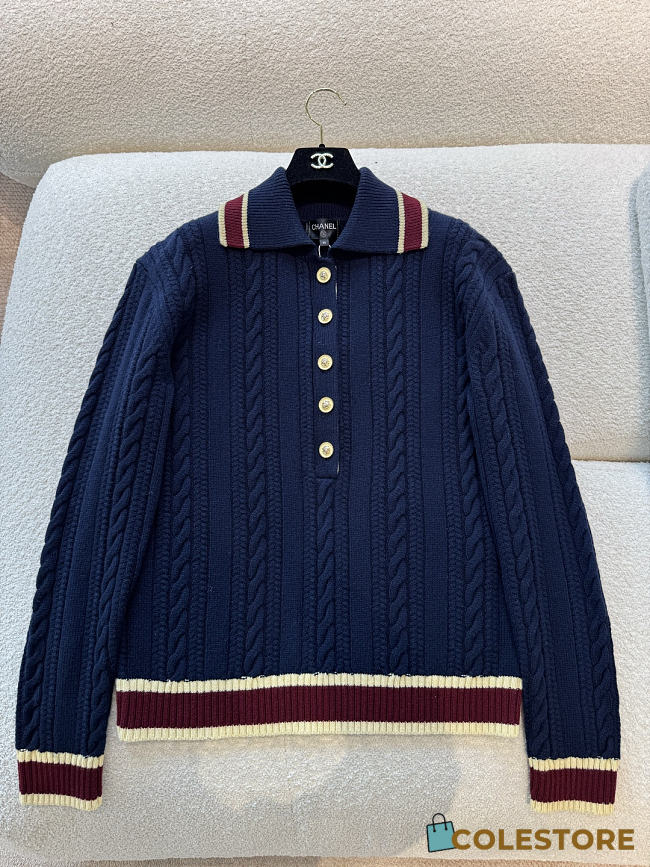 Colestore Chanel Cardigan Cashmere & Cotton  Navy Blue, Light Yellow & Burgundy - 1