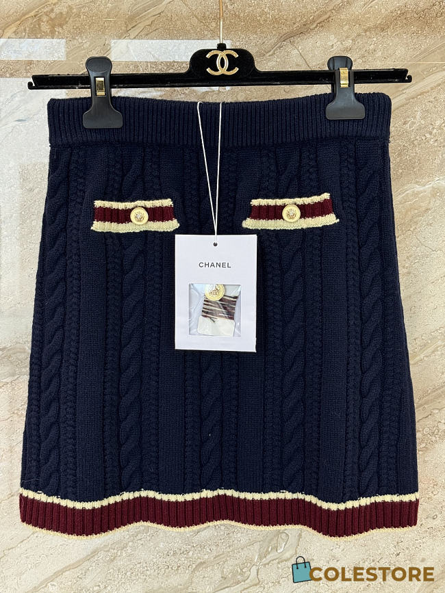 Colestore Chanel Short Skirt  Cashmere & Cotton  Navy Blue, Light Yellow & Burgundy - 1