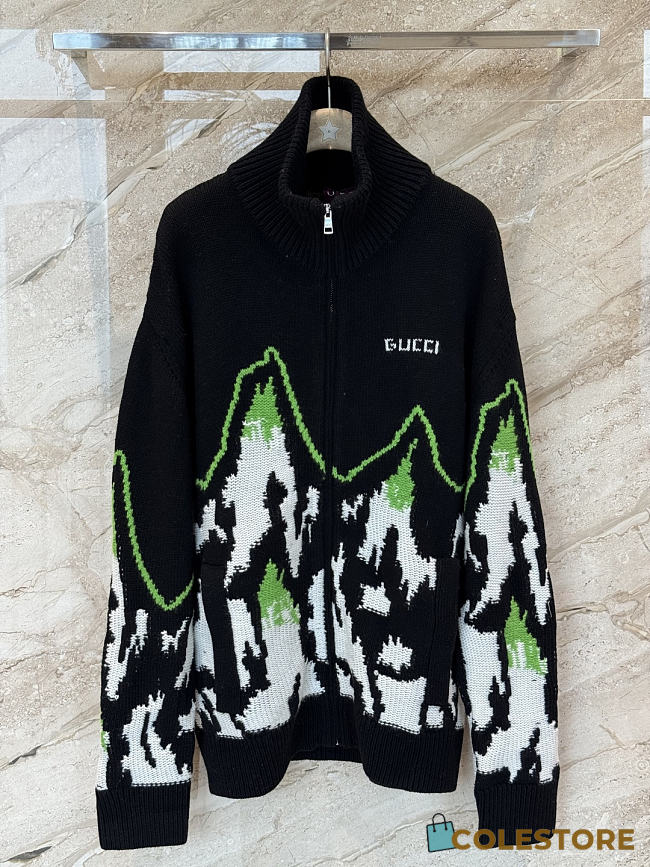 Colestore Gucci Wool jacquard zip jacket with intarsia in black and multicolor heavy wool jacquard - 1