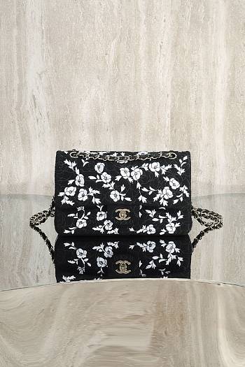 Colestore Chanel Flap Bag with White Floral Embroidery 25cm