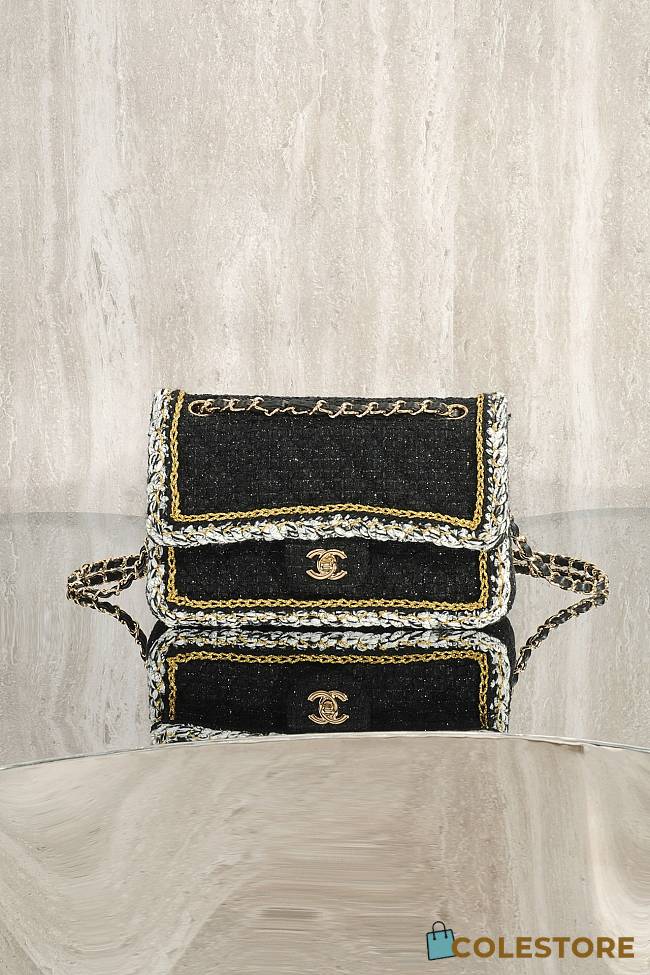 Colestore Chanel Classic Handbag Cotton Tweed & Gold-Tone Metal Black 25cm - 1