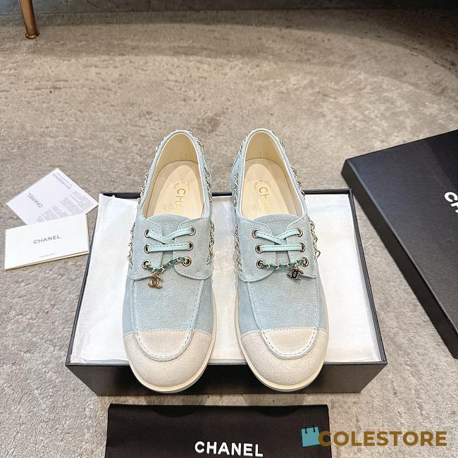 Colestore Chanel Moccasins Suede Calfskin Light Blue & White - 1