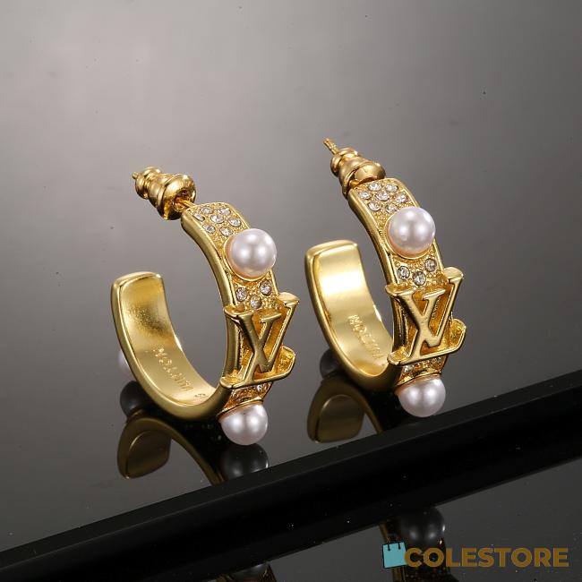 Colestore Louis Vuitton Gold Monogram Pearl Embellished Earrings - 1