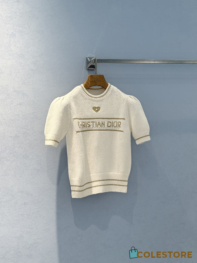 Colestore Dior Short-Sleeved Sweater Ecru and Gold-Tone Virgin Wool-Cashmere-Blend Knit - 1