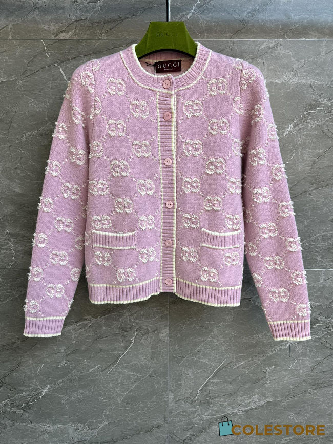 Colestore Gucci GG Wool Bouclé Jacquard Cardigan Light Pink and White - 1