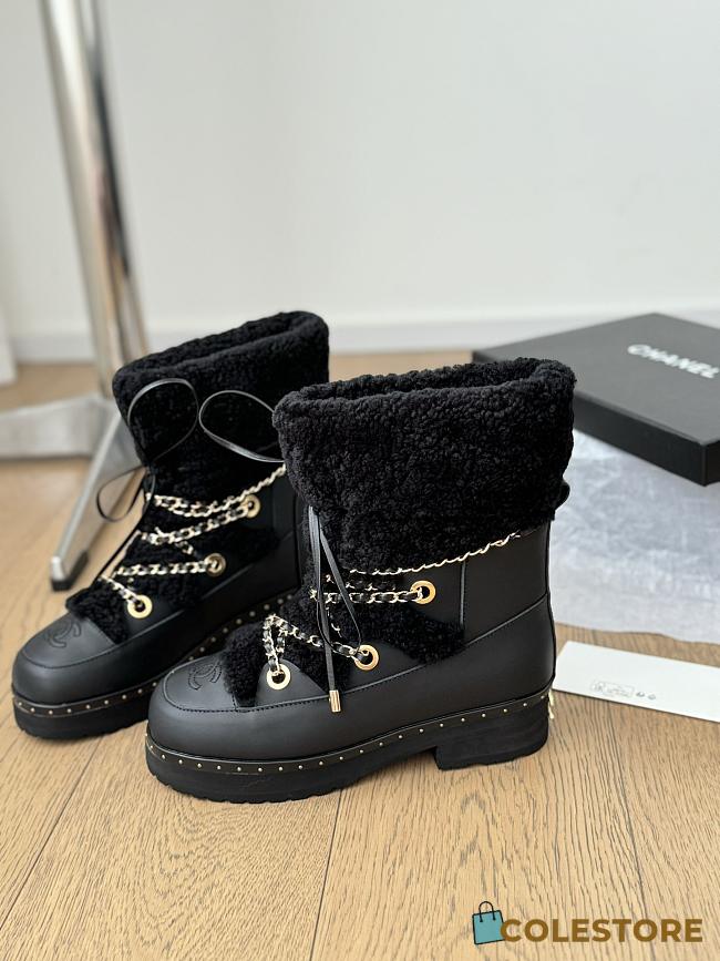 Colestore Chanel Cuffed Lamb Wool Snow Boots Black - 1