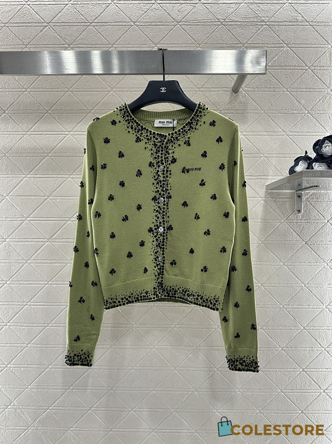 Colestore Miu Miu Fern Green Embroidered Cashmere Cardigan - 1