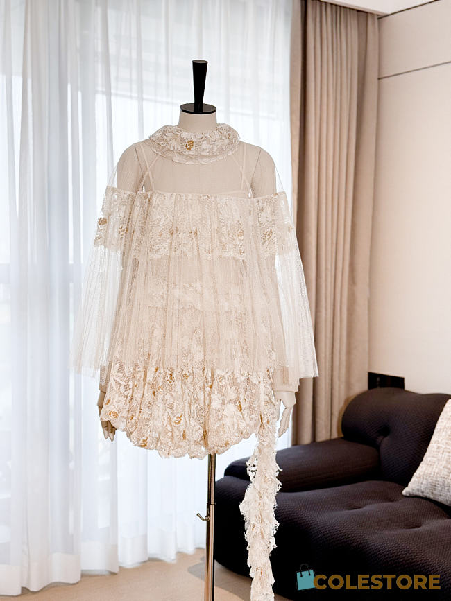 Colestore Dior Cream Lace Puff-Sleeve Mini Dress - 1