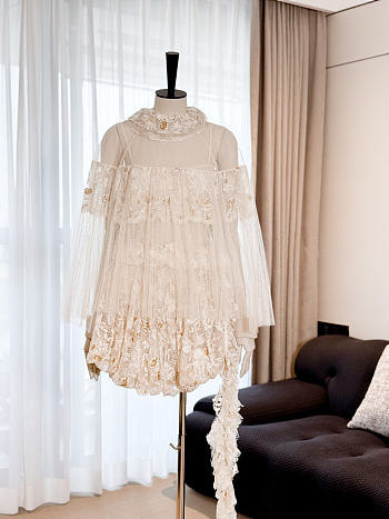 Colestore Dior Cream Lace Puff-Sleeve Mini Dress