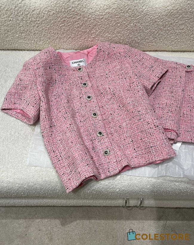 Colestore Chanel Short-sleeved shirt Tweed fabric  Pink, Black & White - 1